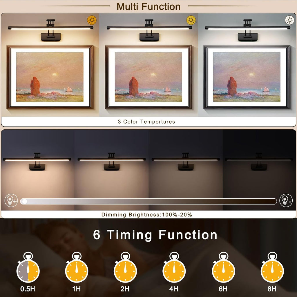 LED Battery Operated Picture Lights with Remote Wireless Art Lighting for Wall 23.6 Inch Rechargeable Painting Light Black Frame Lights Dimmable 3CCT Gallery Light for Library Portrait
