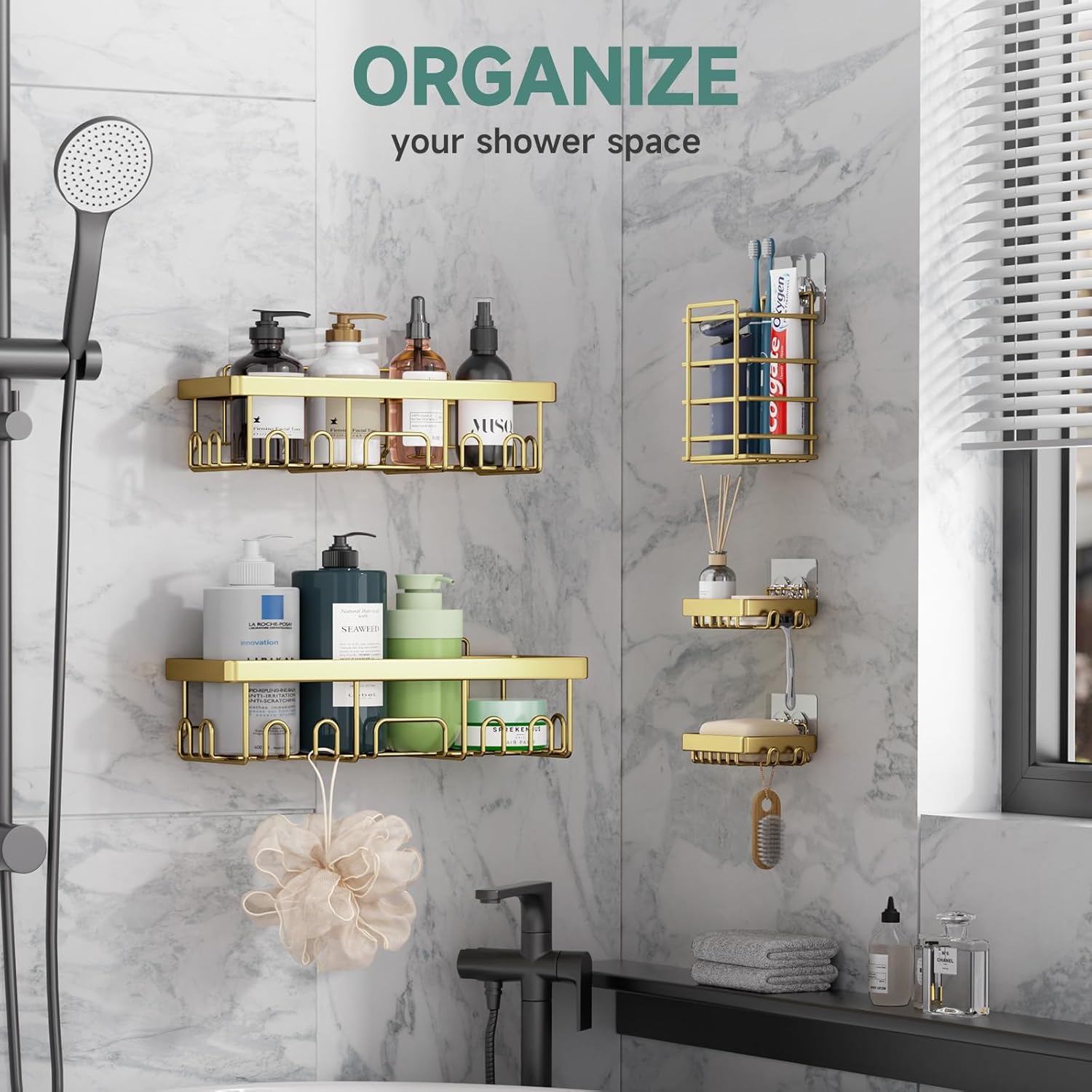 Veken Adhesive Shower Caddy 5-Pack,Heavy Weight Bearing,Large Wall Mounted Shower Shelves Rack,Organizer Storage Accessories with Soap Dish&Toothbrush Holder,Ideal for Bathroom,Home&Kitchen,Gold
