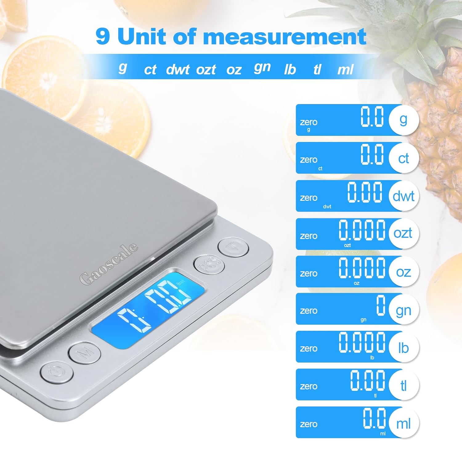 Kitchen Scale, Digital Food Scale, Gaoscale Grams and Ounces Scale High Accuracy with Tare Function for Cooking Scale, Baking Scale Jewellery Scale, 9 Units, 2 Tray 3000g by 0.1g Small