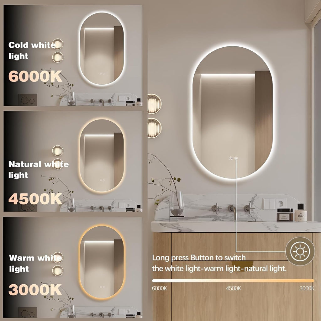 32" x 20" Oval LED Mirror for Bathroom, Backlit Vanity Mirror with Lights, Frameless Smart Wall Mirror, 3 Colors Stepless Dimmable, Anti-Fog, Shatterproof, Memory, CRI95+(Horizontal/Vertical)