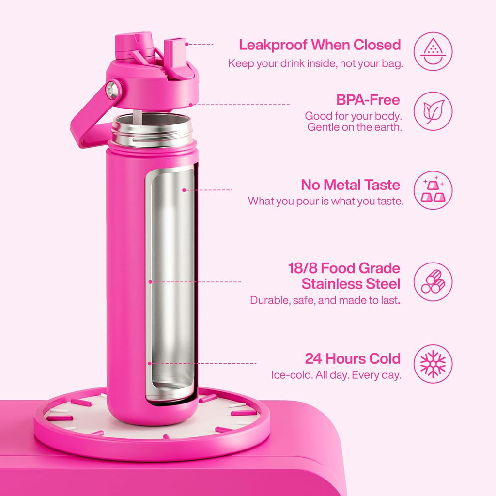 ENCOOL Insulated Water Bottle with Straw Stainless Steel Water Bottle, Leak-Proof, BPA-Free, Double Wall Vacuum Keeps Cold for 24 Hours for Sports, Travel, School (26 oz, Persian Rose)