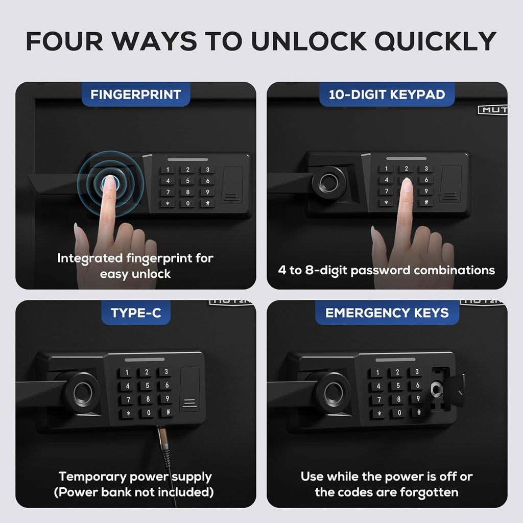 1.5 Cub Biometric Safe Box with Fireproof Bag, Quick-Access Fingerprint with Keys, Digital Keyboard, Type-C Port, Dual Alarm System Safety Box for Home, Office, Hotel Use(Black)