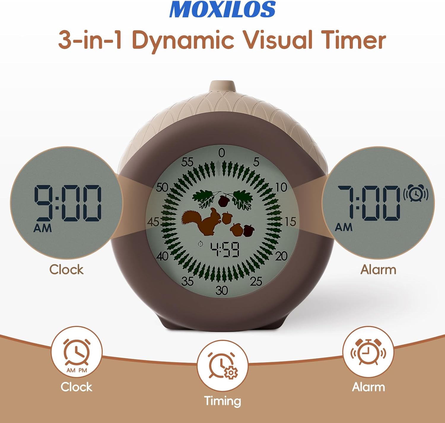 Visual Timer for Kids, 299-Minute Cute Kids Squirrel Timer with Eye-Protection Screen & Protective Case, Homeschool Supplies Study Teaching Time Management Tool
