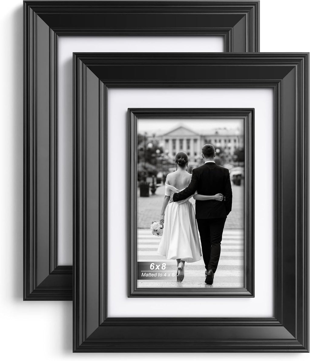 Yaetm 6x8 Black Picture Frame with Decorative Inner Frame & Tempered Glass, Display 4x6 Photos with Mat - Portrait or Landscape - Tabletop & Wall Mount for Office & Home Décor (Black, 2 Pack)
