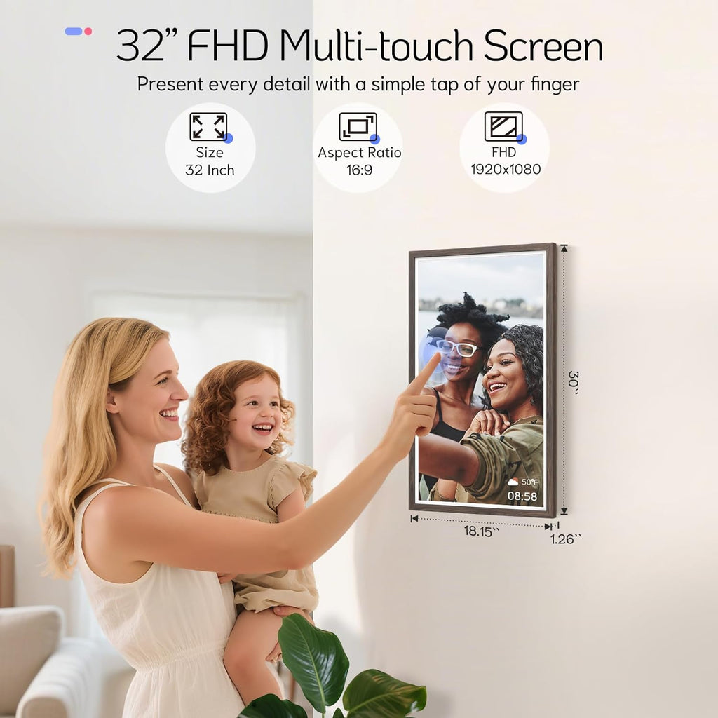 NexFoto Large Digital Picture Frame 32 Inch Touchscreen, 64GB WiFi Electronic Photo Frame FHD 1920 * 1080, Add Photos from Google Photos, Share Videos, Gifts for Christmas/Mom/Grandparents, Dark Wood