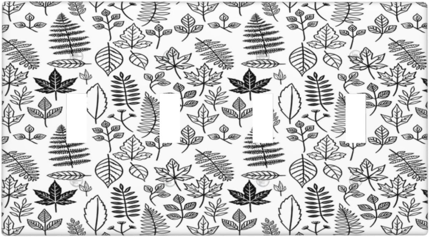 Black White Leaf Wheat Maple Leaf Plant Light Switch Covers Quad Toggle 4 Gang Wall Plate Decorative Switch Plates Electrical Faceplate for Bedroom Bathroom Decor