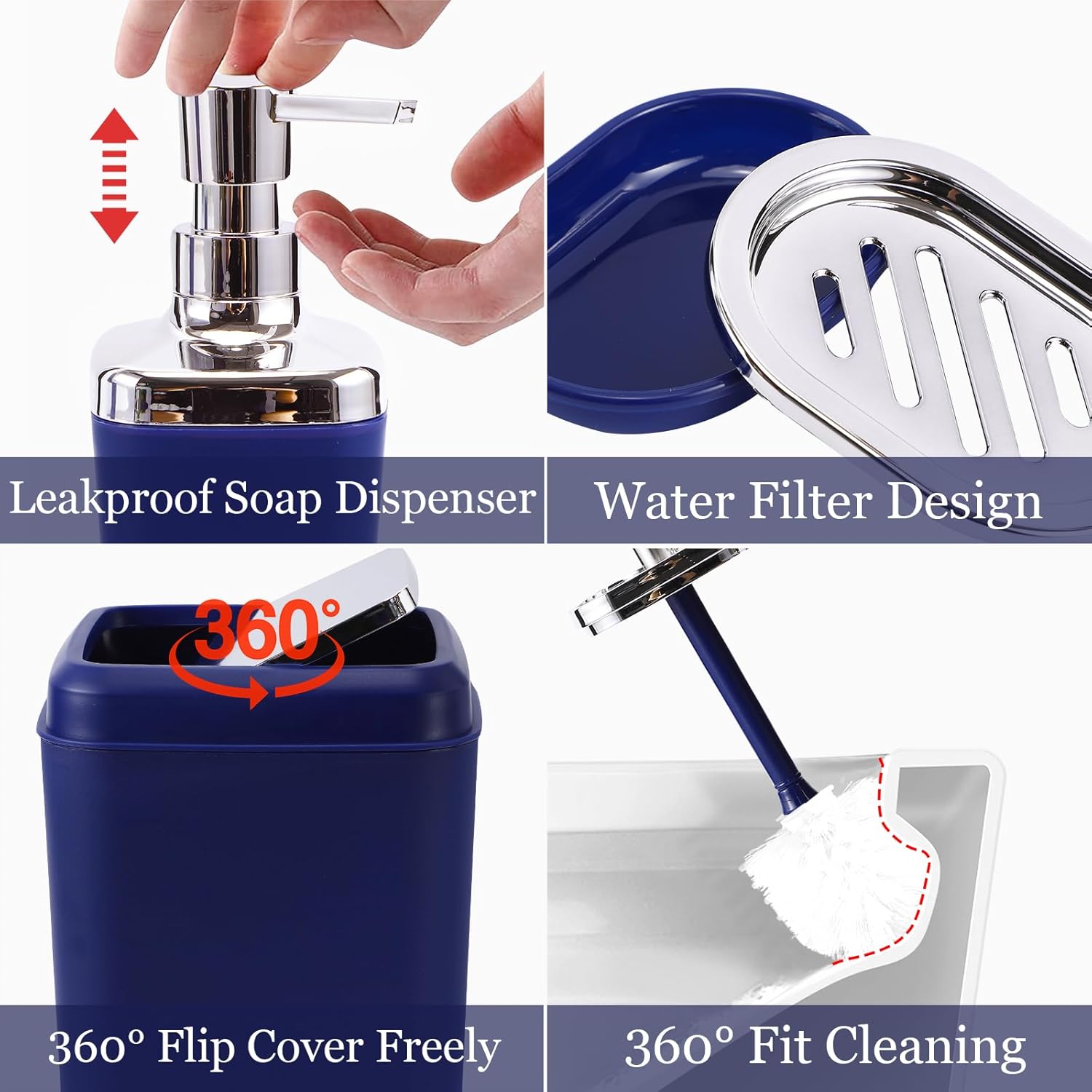 Blue Bathroom Accessories Set, Bathroom Sets with Shower Curtain, Navy Blue Bathroom Accessories with Trash Can, Soap Dispenser, Soap Dish, Toilet Brush Holder, Qtip Holders for Bathroom