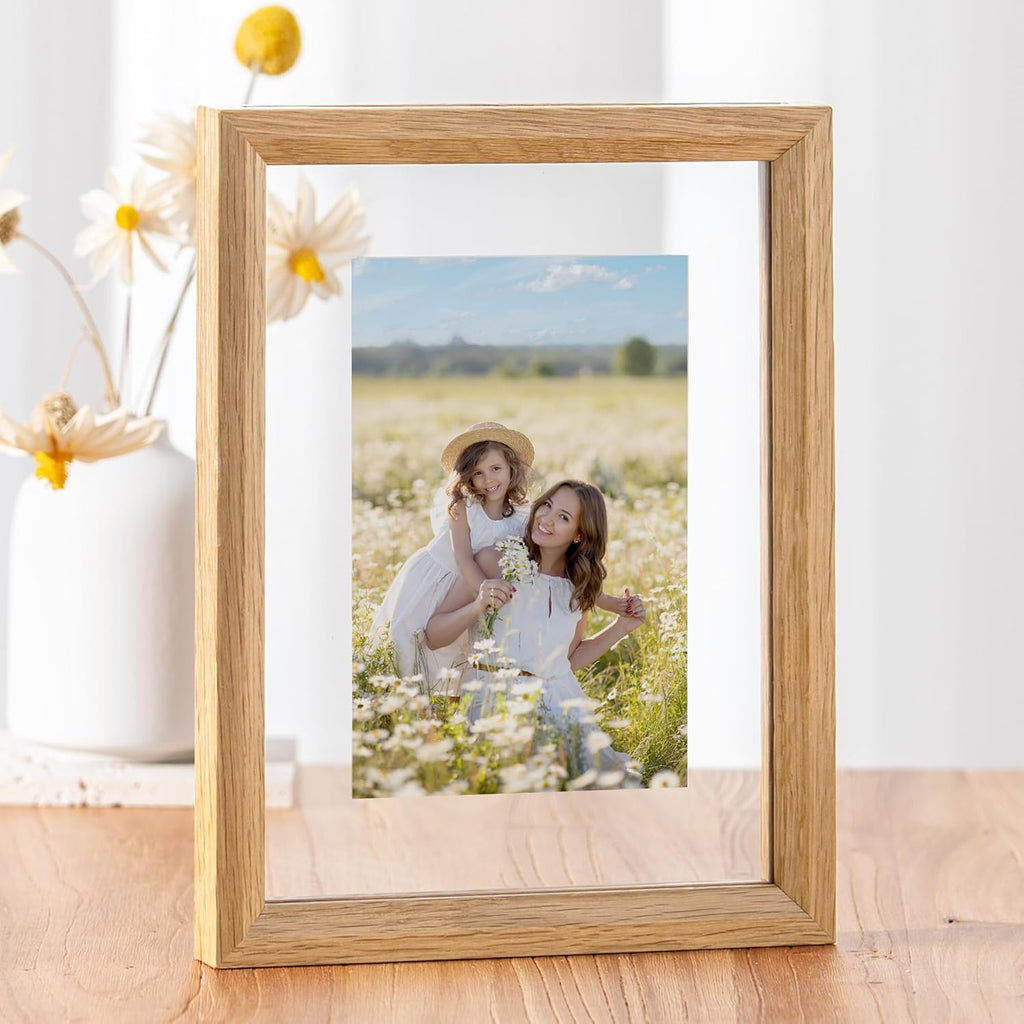 Axeman 5x7 Floating Picture Frame - Solid Oak Wood Picture Frame, Double Tempered Glass Photo Frame 2x3 4x6 5''x7''Wood Frame, Wall Mount Or Tabletop Standing, Natural
