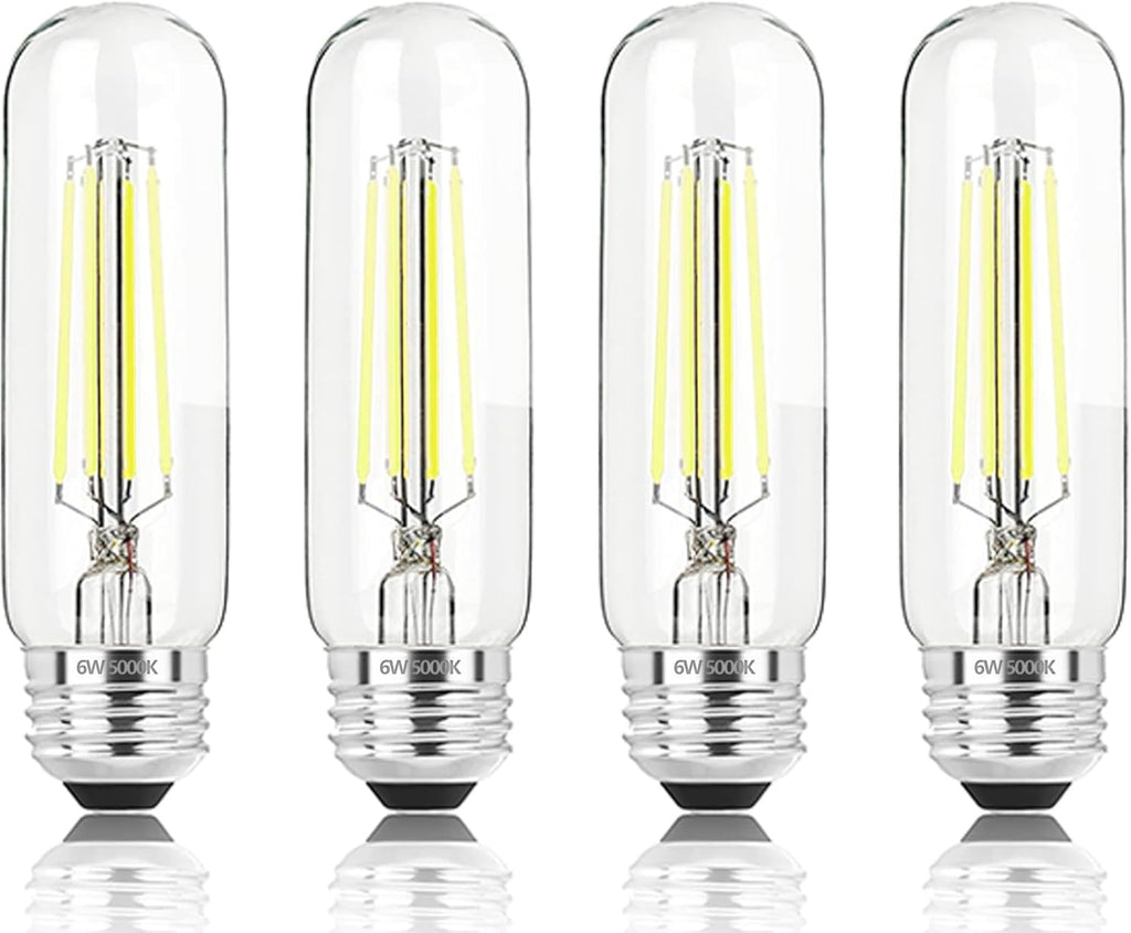 5 Inch Edison Bulb, 5000K Daylight White E26 Led Bulb 6W Dimmable, 800LM T10 T9 Clear Glass Tubular Light Bulbs, AC 120V Equal 80 Watt Bulbs for Chandelier Pendant Wall Light - 4Pack