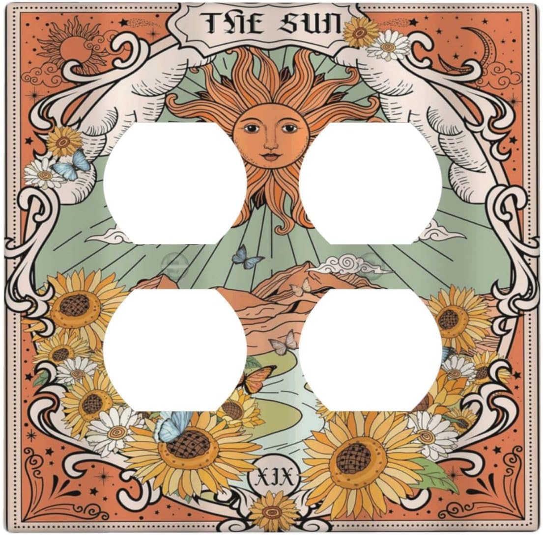 Boho Retro Sun Sunflower Vintage Flower Butterfly Outlet Covers 2 Gang Double Duplex Decorative Light Switch Covers Electrical Wallplates Socket Faceplate for Farmhouse Home Decor