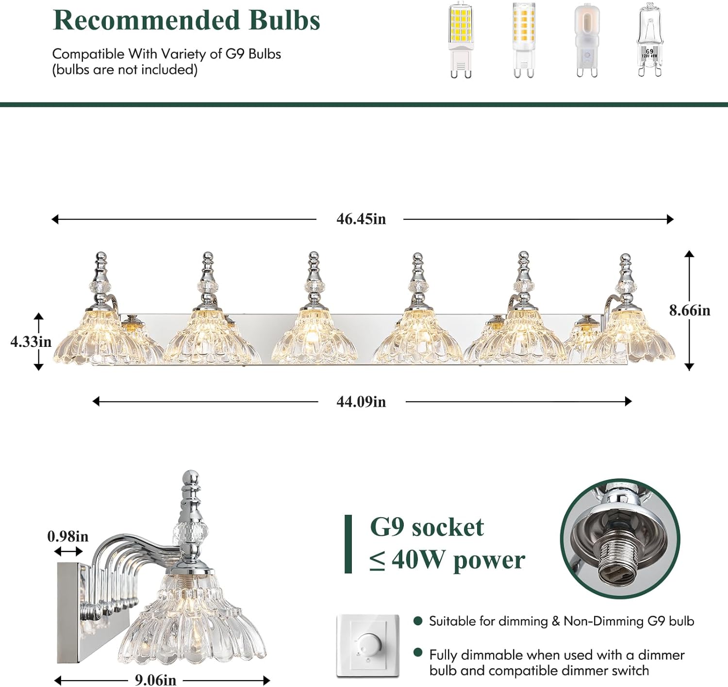 Vintage Bathroom Vanity Light, 6-Light Chrome Vanity Lighting Fixture with Flower Glass Shade, Bathroom Lighting Fixtures Over Mirror