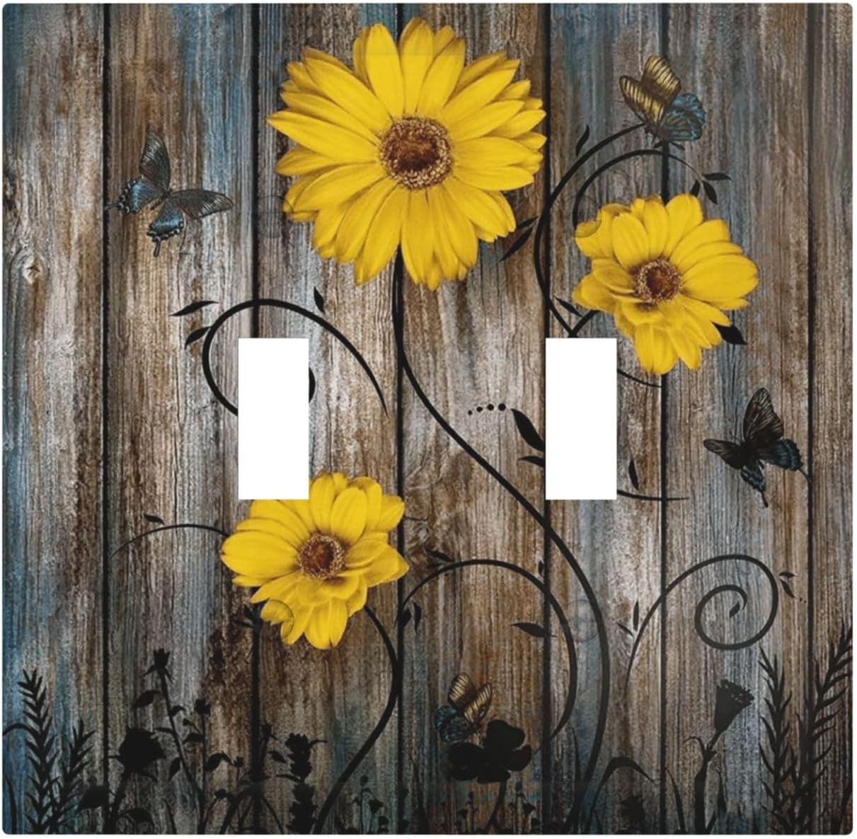 Rustic Barn Sunflower Wooden Daisy Flower Plank Decorative Switch Plates 2 Gang Double Toggle Outlet Light Switch Cover Wall Plate Electrical Faceplate for Farmhouse Home Decor