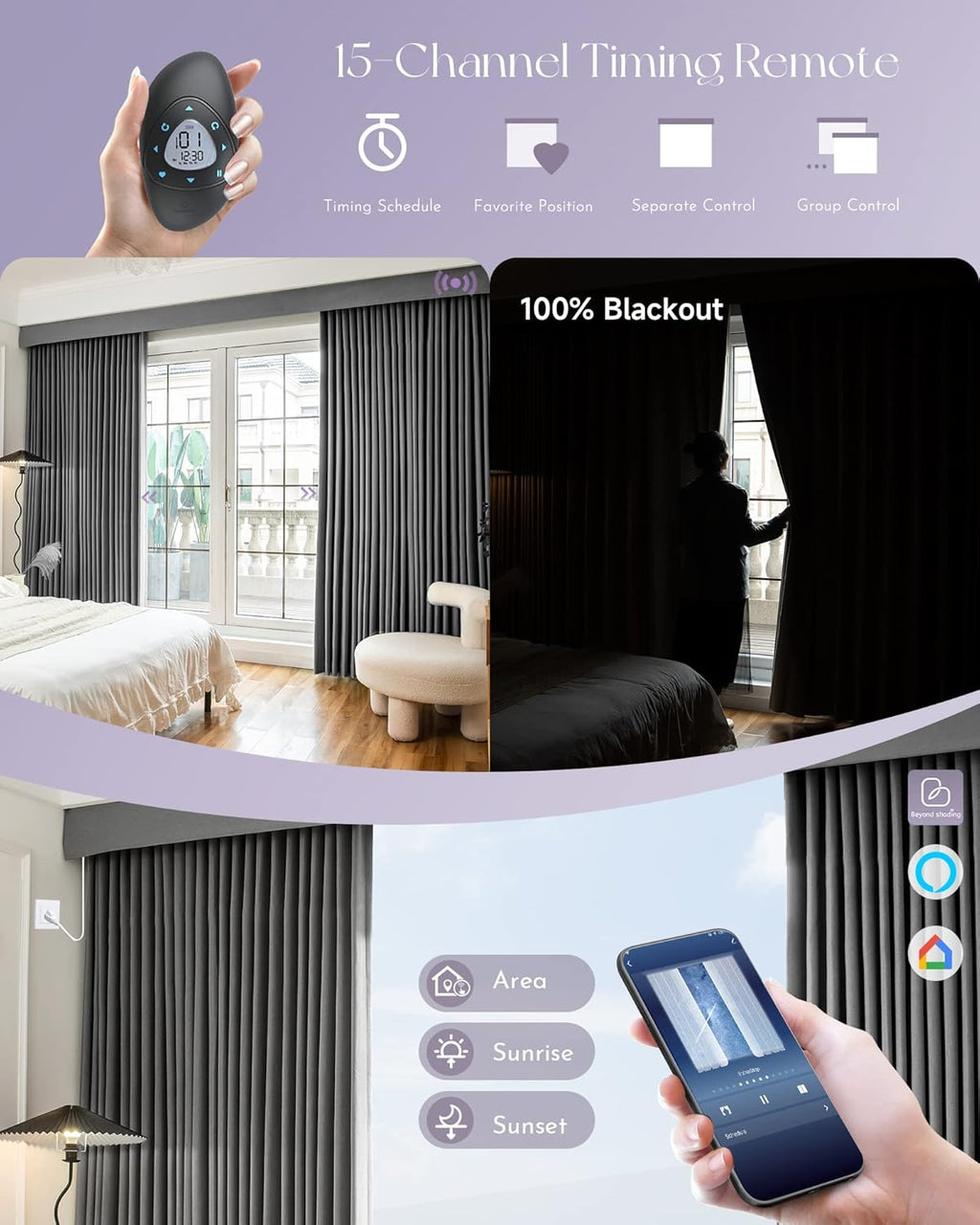 Graywind Hardwired Smart Curtains Motorized Blackout Curtain with Remote Alexa Google Control for Sliding Door Thermal Insulated Drapes One-Way or Split Draw, Custom Width to 220" (Iron Grey)