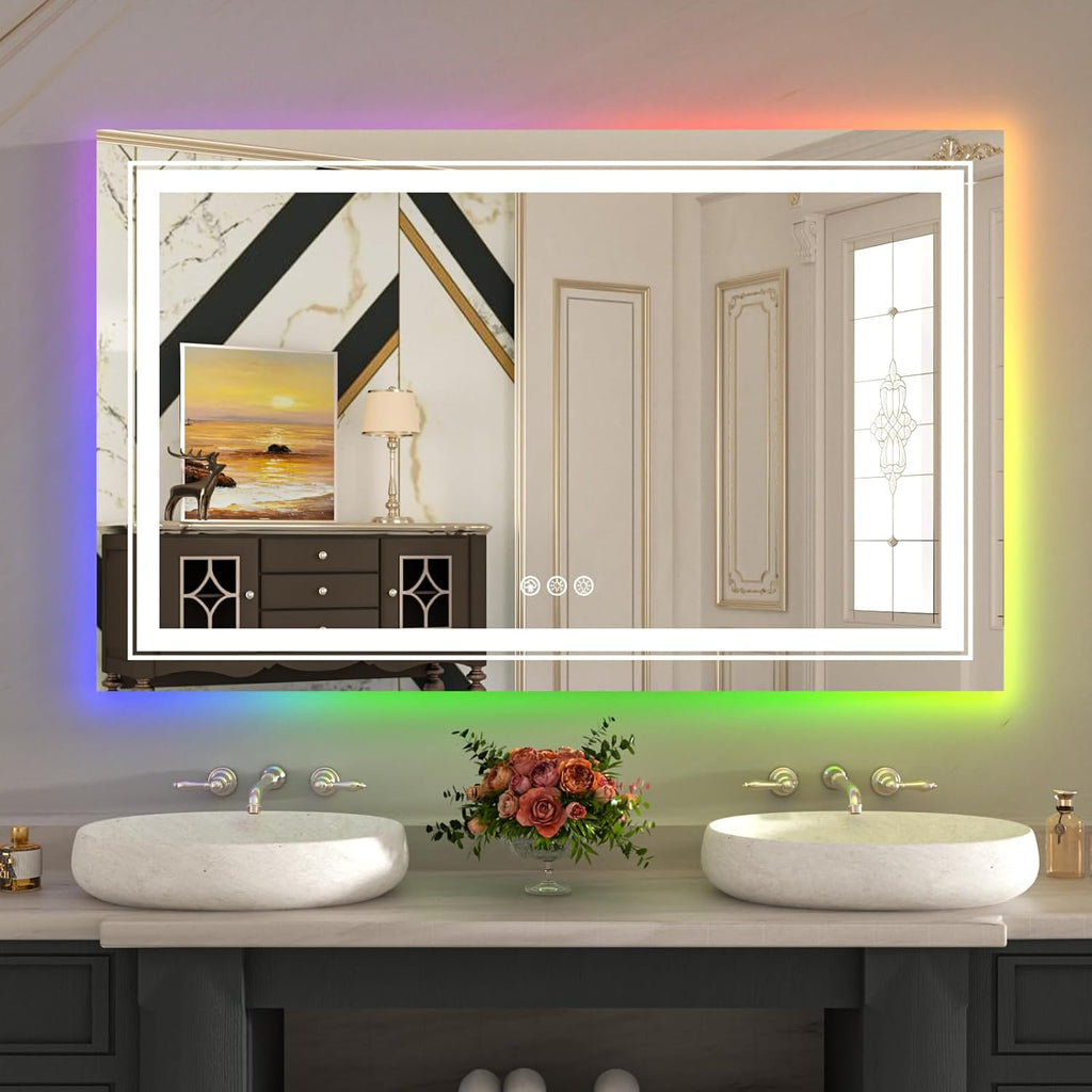WTTY LED Bathroom Mirror 48"x30" with RGB Backlit and Front Light,Stepless Dimmable LED Mirror for Bathroom,Lighted Bathroom Vanity Mirror,Anti-Fog,Memory Function,Shatter-Proof,Wall Mounted