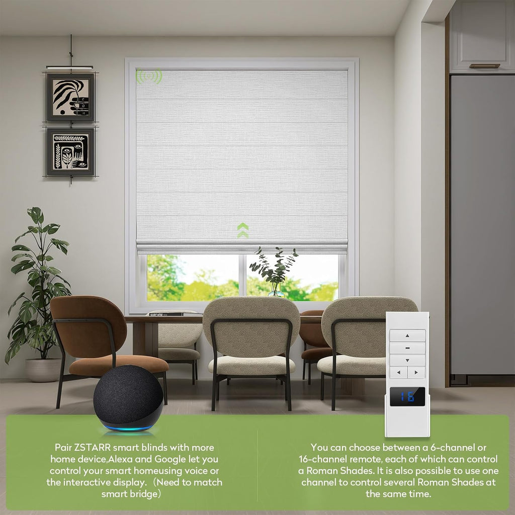 ZSTARR Smart Roman Shades Rechargeable Motorized Blinds with Remote Full Blackout Roman Window Shades Plain Fold Soft for Doors Bedroom, Custom Size (White)
