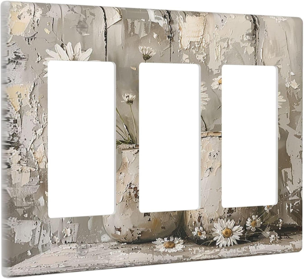 Light Switch Covers Vintage Rustic Floral White Daisy Flower Oil Painting Style 3 Gang Rocker Electrical GFCI Decorative Triple Outlet Wall Plate Cover Switchplate for Home Farmhouse Decor
