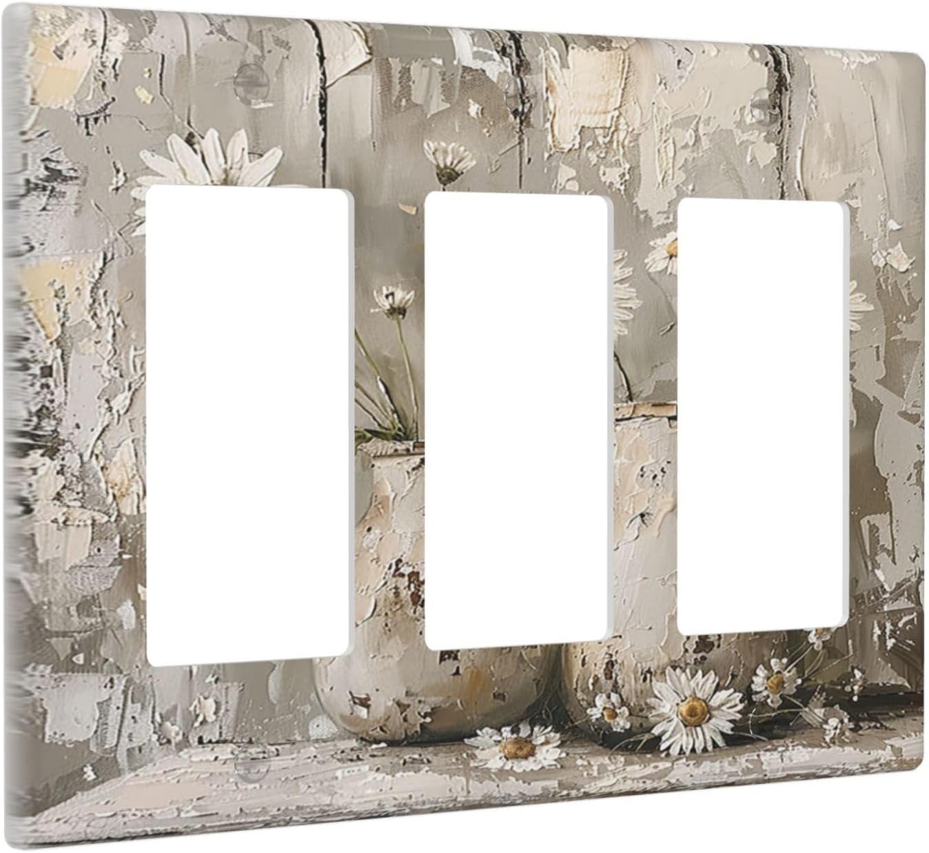 Light Switch Covers Vintage Rustic Floral White Daisy Flower Oil Painting Style 3 Gang Rocker Electrical GFCI Decorative Triple Outlet Wall Plate Cover Switchplate for Home Farmhouse Decor