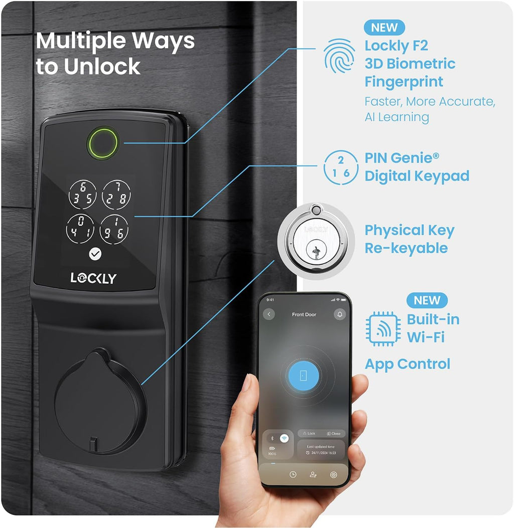 Lockly Secure Pro (2025 Latest Version), Smart Lock with Built-in Wi-Fi, New-Gen Fingerprint Door Lock, Keyless Entry Deadbolt, PIN Genie Keypad, Auto Lock, App Remote Control, Easy Installation