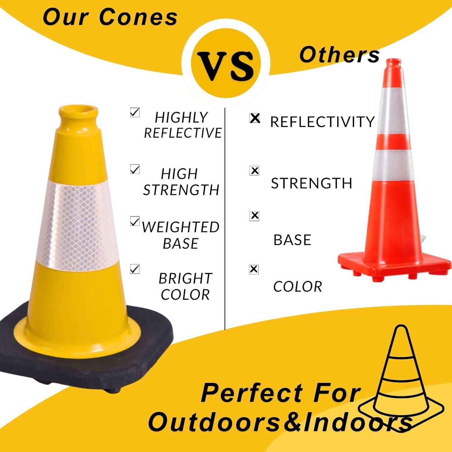 BESEA 6Pack 12 Inch Yellow Traffic Cones with 4 Inch Reflective Collar, Heavy Duty PVC Safety Cones with 8.5 x 8.5 Inch Base for Parking, Driving Practice, Sports Training, and Construction
