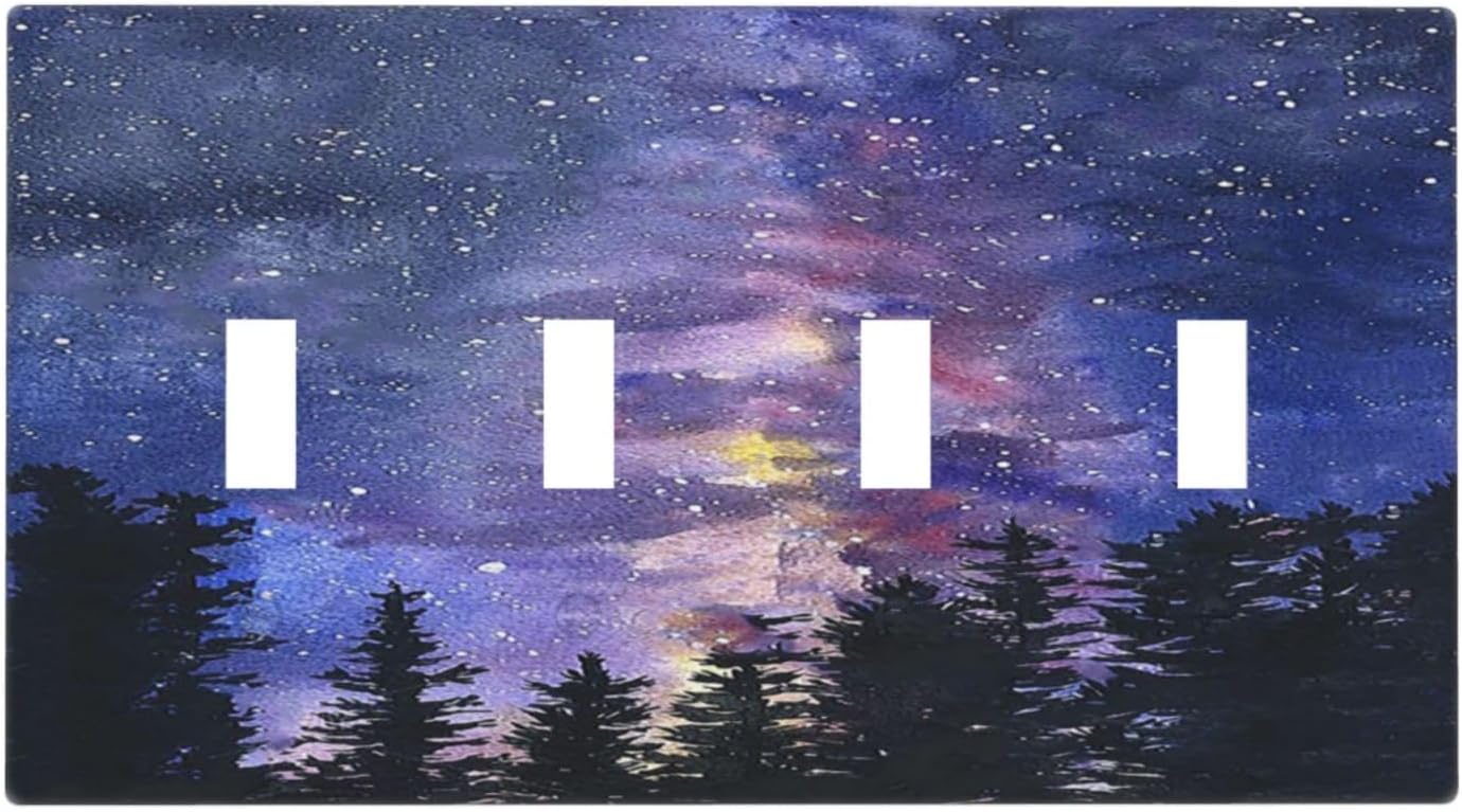 Light Switch Covers Dream Milky Way Starry Forest Pine Watercolor Painting Quad Toggle 4 Gang Wall Plate Electrical Faceplate Decorative Switch Plates for Bedroom Home Decor