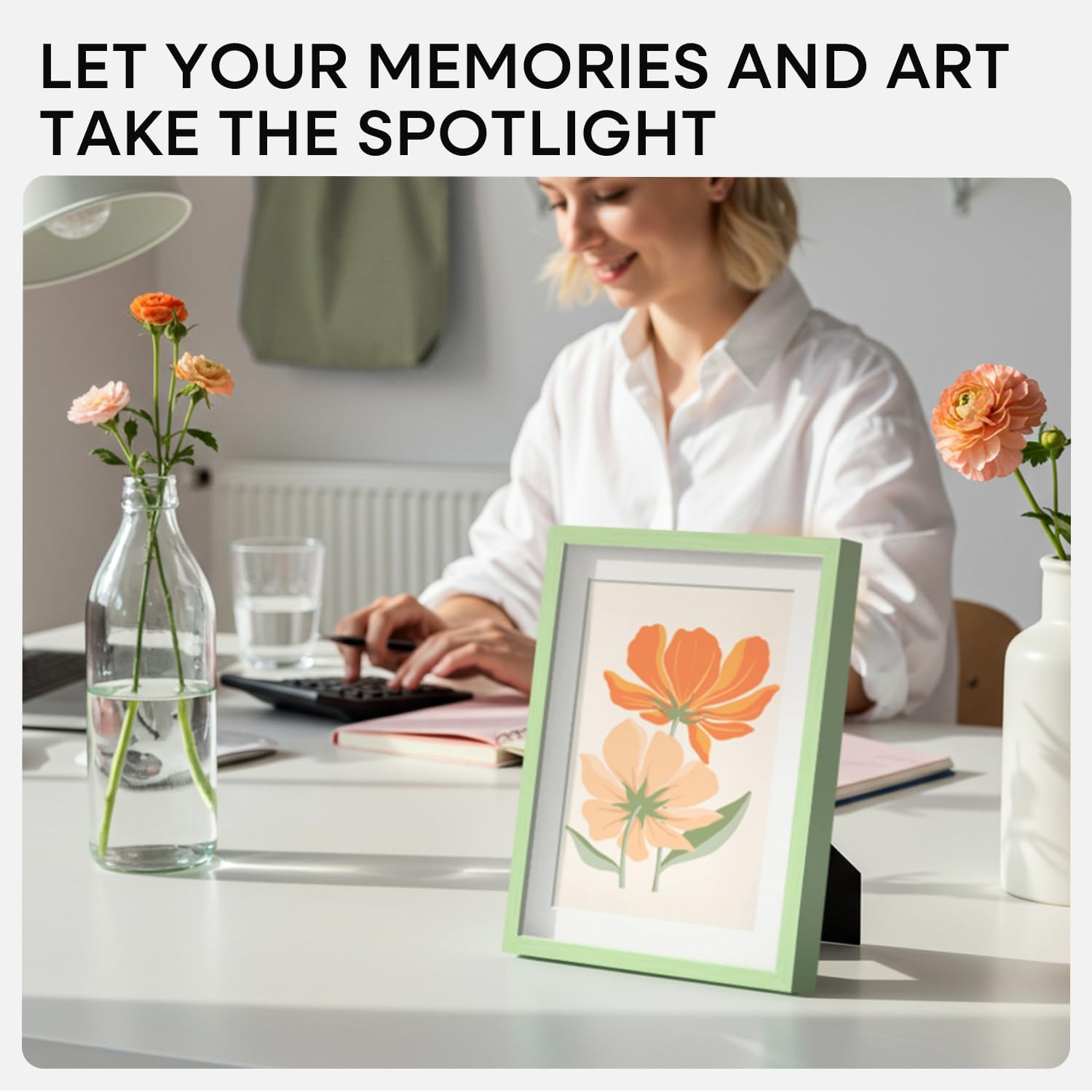 Homeforia Sage Green 6x8 Picture Frame, High End Metal 6 x 8 Frames with Mat 5 x 7 for Photo, 6by8 Desk Frame Matted to 5x7 inch Art, 6 by 8 Wall or Tabletop Frames, Tempered Glass, Wall Kit, Set of 1