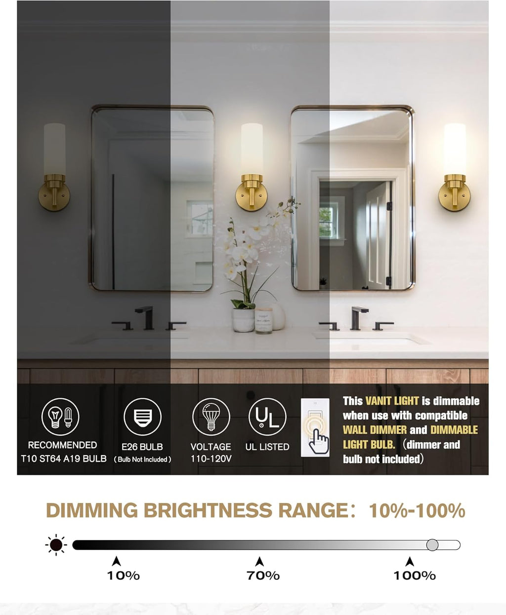 Emak Wall Sconces Set of 2, Modern Brushed Gold Bathroom Vanity Sconce Wall Lighting with Milk Glass Shade for Bathroom, Bedroom, Living Room, Hallway, WS085-BGD-ML-2PK