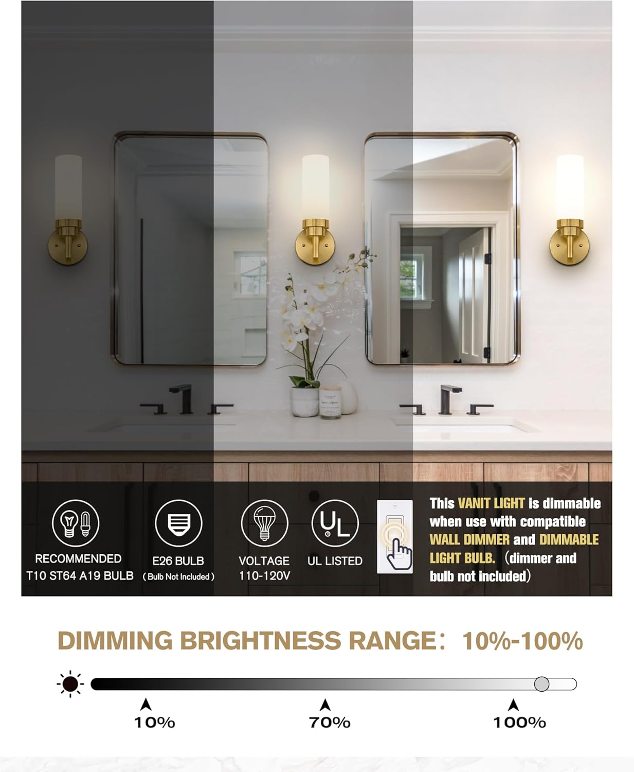Emak Wall Sconces Set of 2, Modern Brushed Gold Bathroom Vanity Sconce Wall Lighting with Milk Glass Shade for Bathroom, Bedroom, Living Room, Hallway, WS085-BGD-ML-2PK