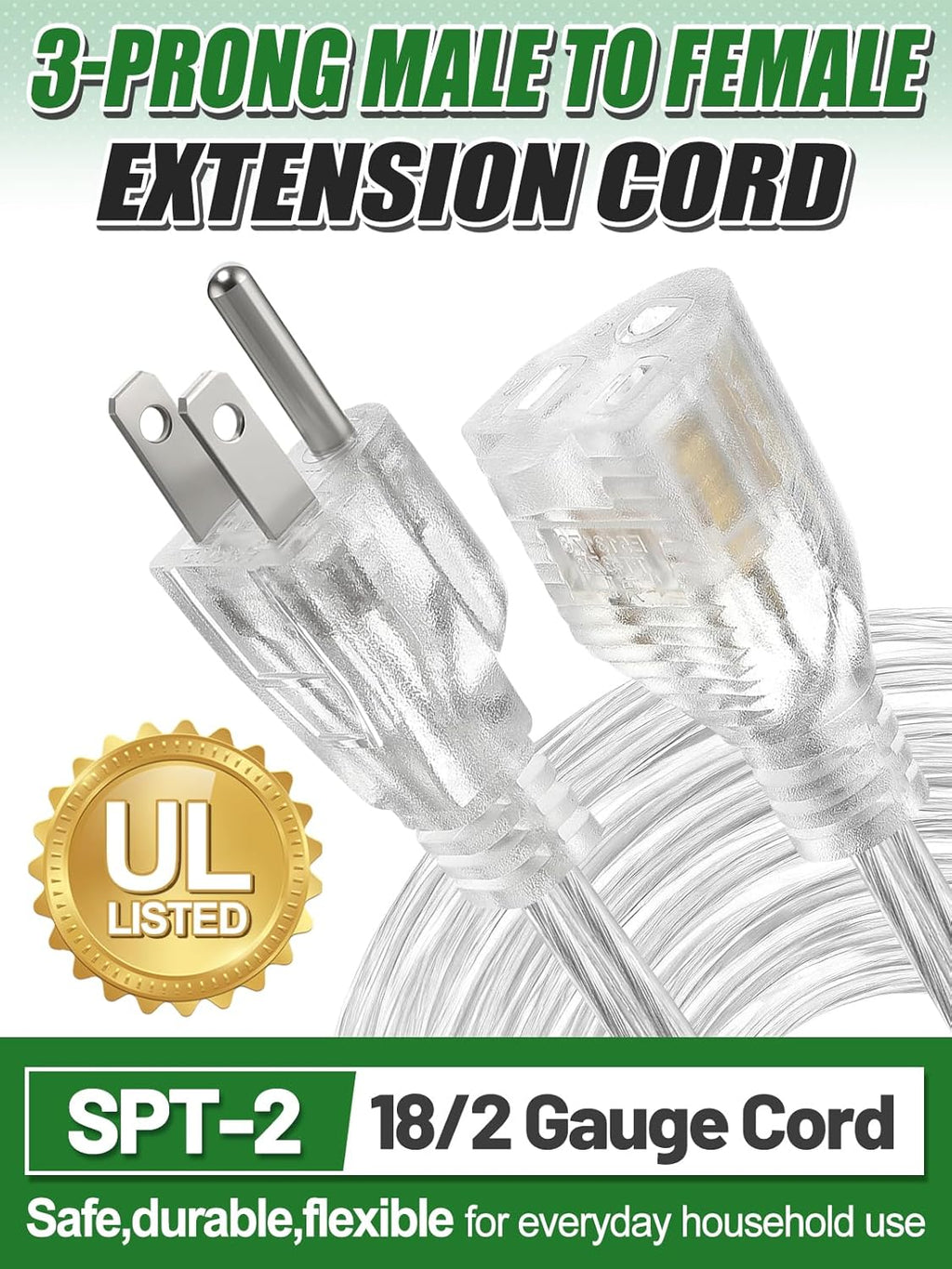 15ft Clear Extension Cord - Male to Female Invisible Indoor Thin 3 Prong Power Cable for Christmas Light Extension Cord, UL-Certified (2 x 18 AWG 250V 6A)
