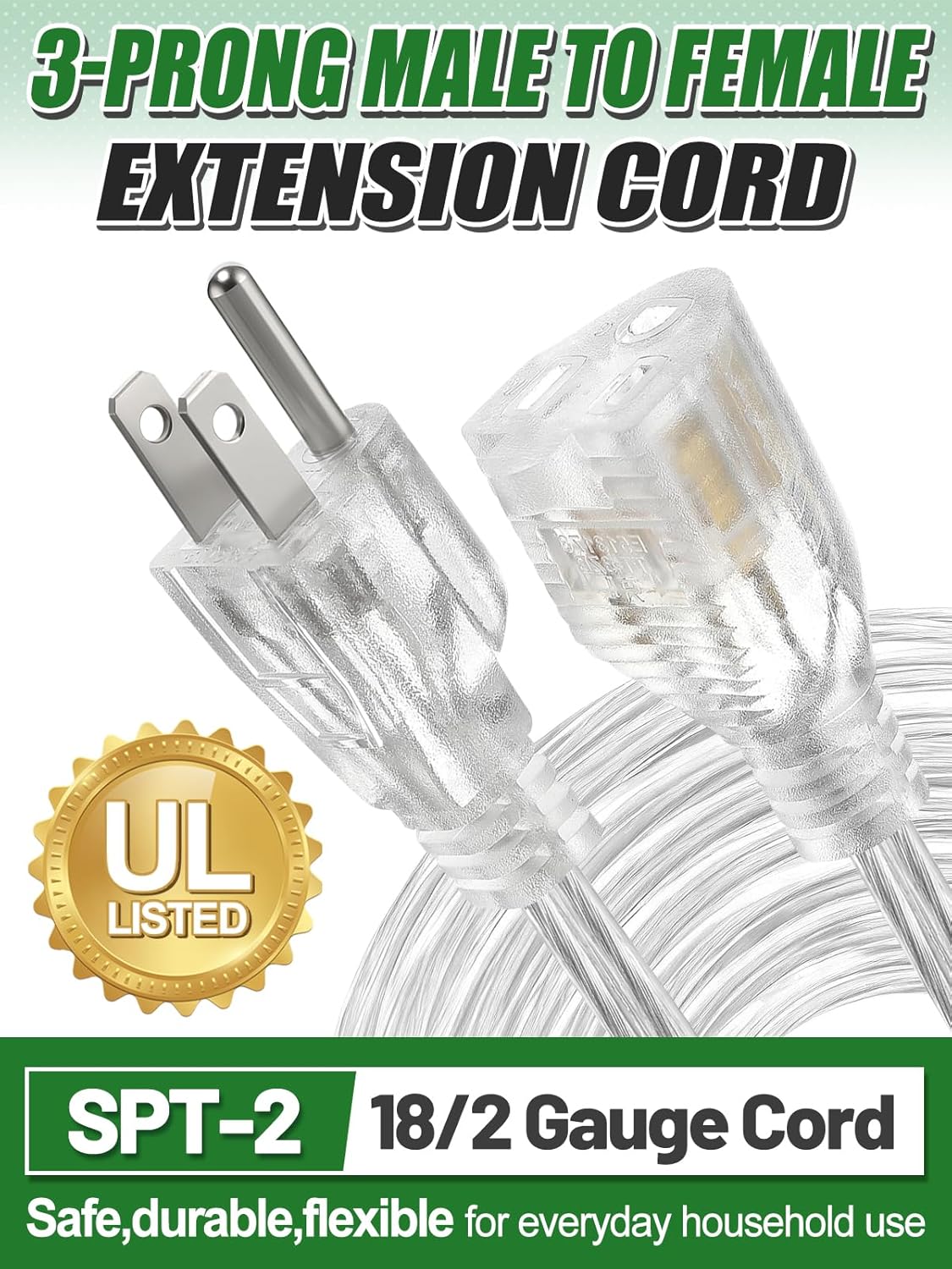 15ft Clear Extension Cord - Male to Female Invisible Indoor Thin 3 Prong Power Cable for Christmas Light Extension Cord, UL-Certified (2 x 18 AWG 250V 6A)