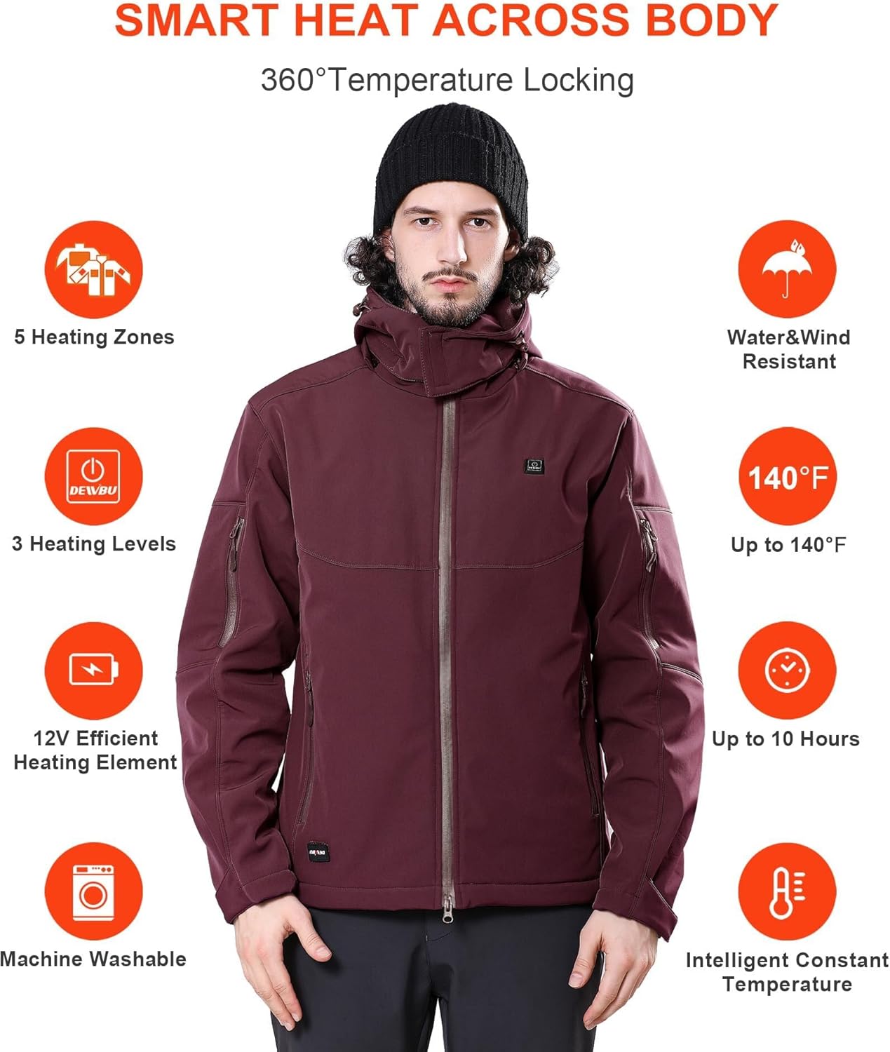 DEWBU Soft Shell Heated Jacket for Men with 12V Battery Pack and Detachable Hood Outdoor Electric Heating Coat