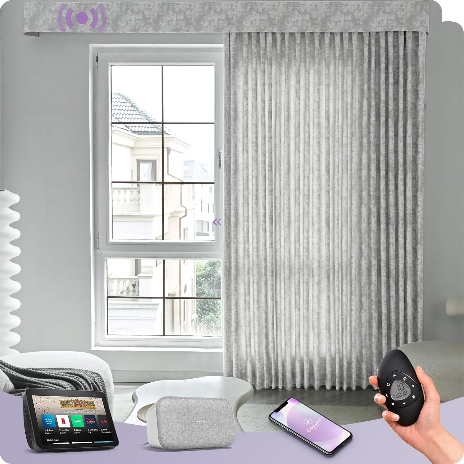 Graywind Hardwired Smart Curtains Compatible with Alexa Google Remote Control Motorized Drape for Sliding Door One-Way or Split Draw, Custom Width to 220" (Mist Series)