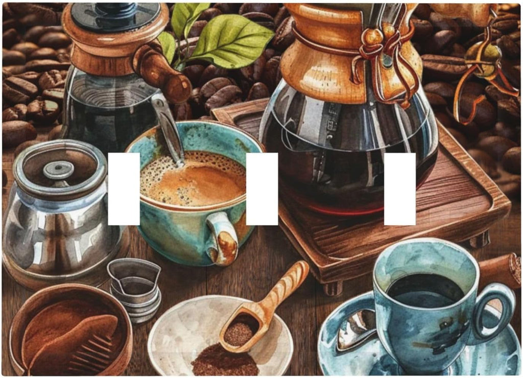 Decorative Light Switch Cover Plate Retro Coffee Maker Beans Cup 3 Gang Wall Plate Oversized Triple Toggle Switch Cover Plate Jumbo Faceplate for Kirchen Home Decor