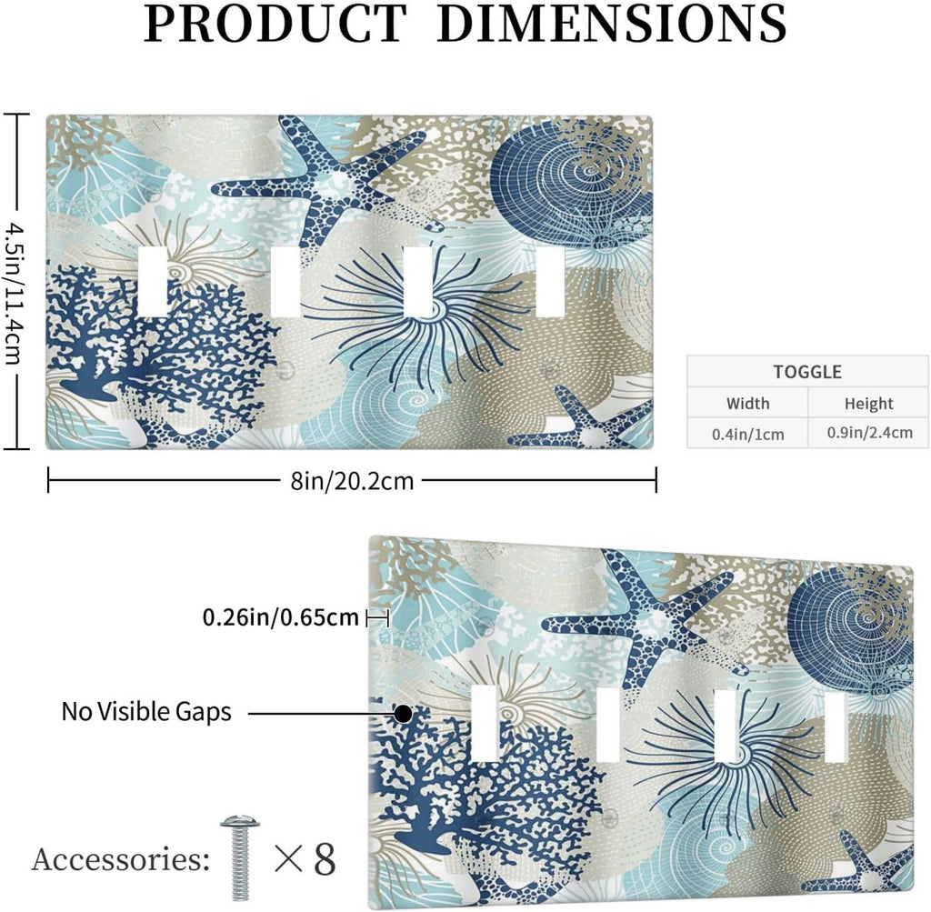 Decorative Light Switch Cover Plate Blue Starfish Brown Coral Ocean 4 Gang Wall Plates for Electrical Outlets Quad Toggle Switch Plate Covers Outlet Covers Faceplate for Girlroom Home Decor