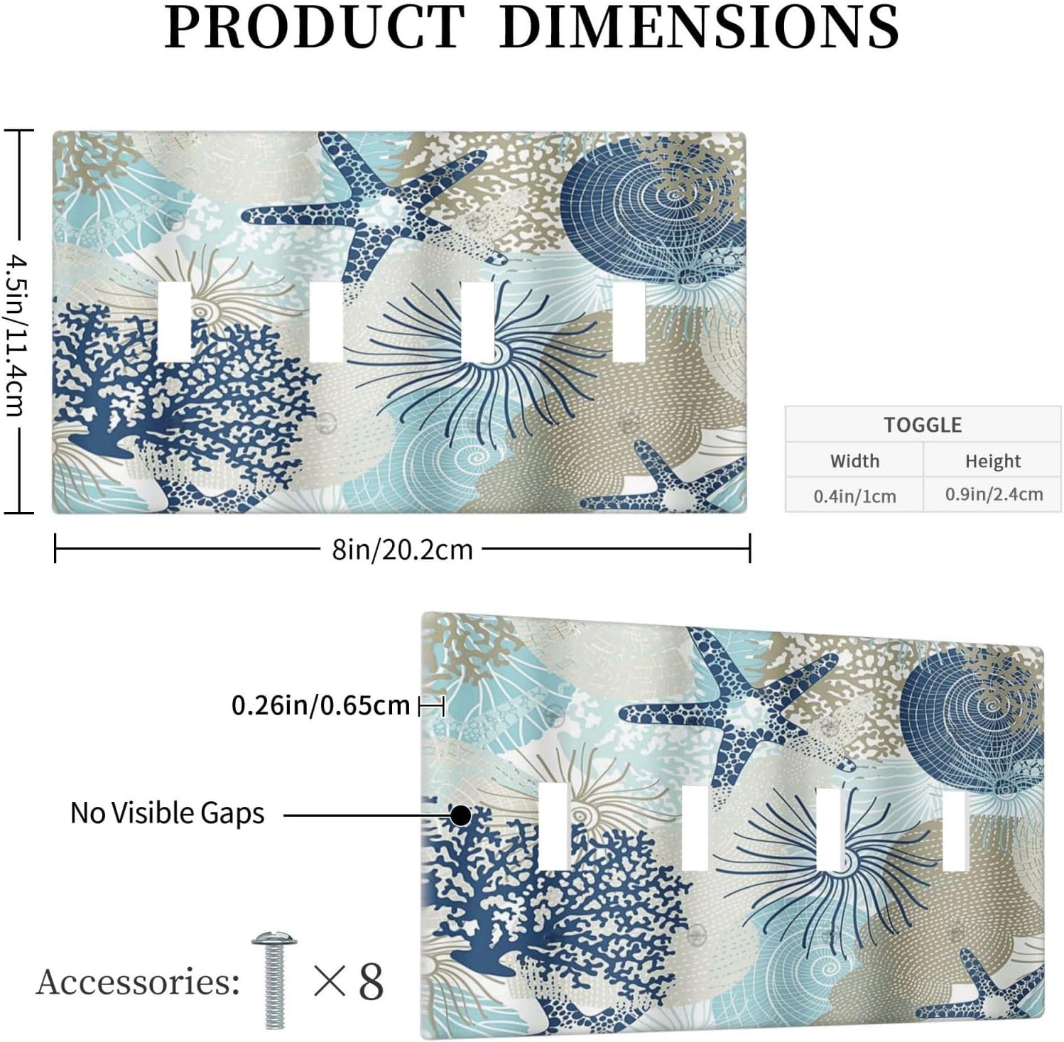 Decorative Light Switch Cover Plate Blue Starfish Brown Coral Ocean 4 Gang Wall Plates for Electrical Outlets Quad Toggle Switch Plate Covers Outlet Covers Faceplate for Girlroom Home Decor