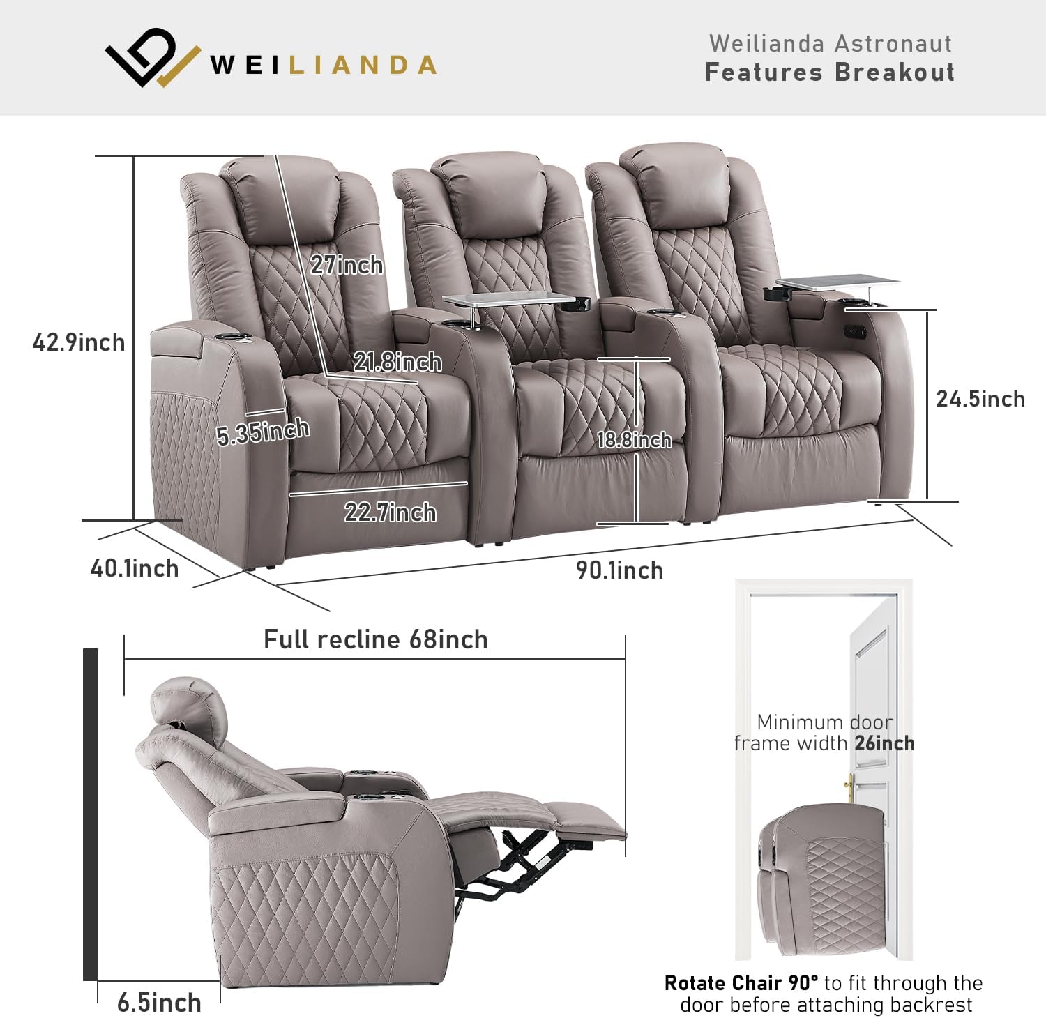 Weilianda Home Theater Seating Top Grain Leather Zero Gravity Recliner Chair Power Headrest Recline Movie Seat Gaming 7 Colors Mood Light Sofa with Tray Table USB Charge Row of 3 Grey