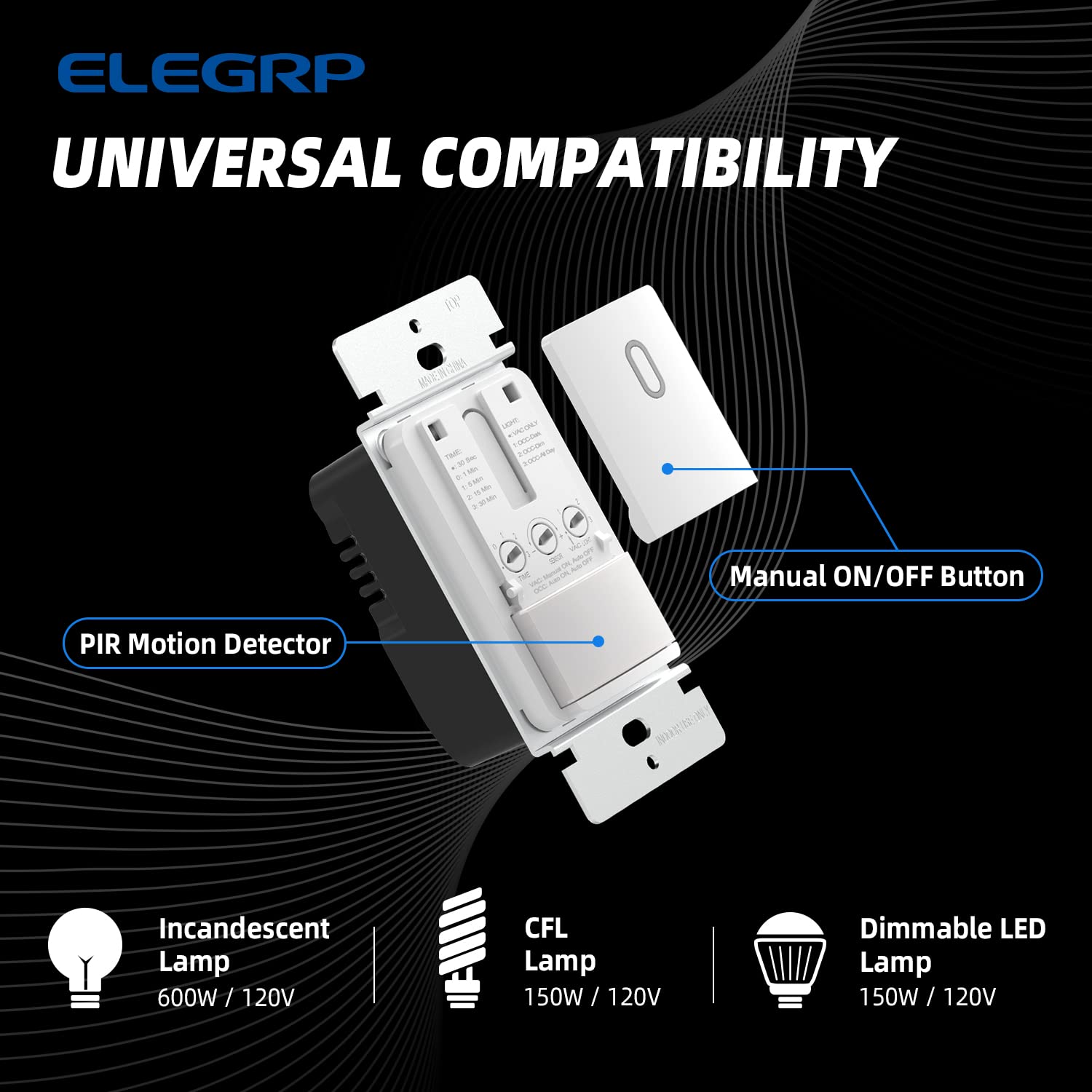 ELEGRP Occupancy Motion Sensor Light Switch, PIR Infrared Motion Activated Wall Switch, No Neutral Wire, Single Pole for CFL/LED/Incandescent Bulb, Wall Plate Included, UL Listed (6 Pack, Matte White)