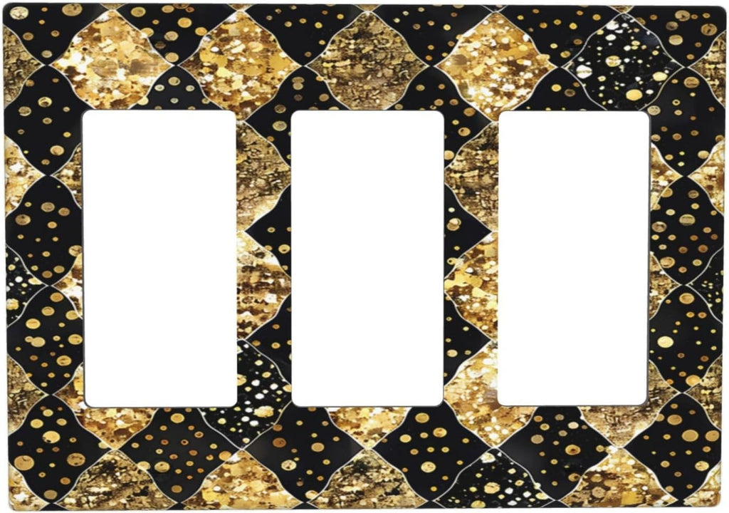 Gold Black Marble Geometric Plaid Glitter Light Switch Covers 3 Gang Rocker Decorative Triple Outlet Wall Plate Cover Electrical GFCI Switchplate for Bedroom Bathroom Decor