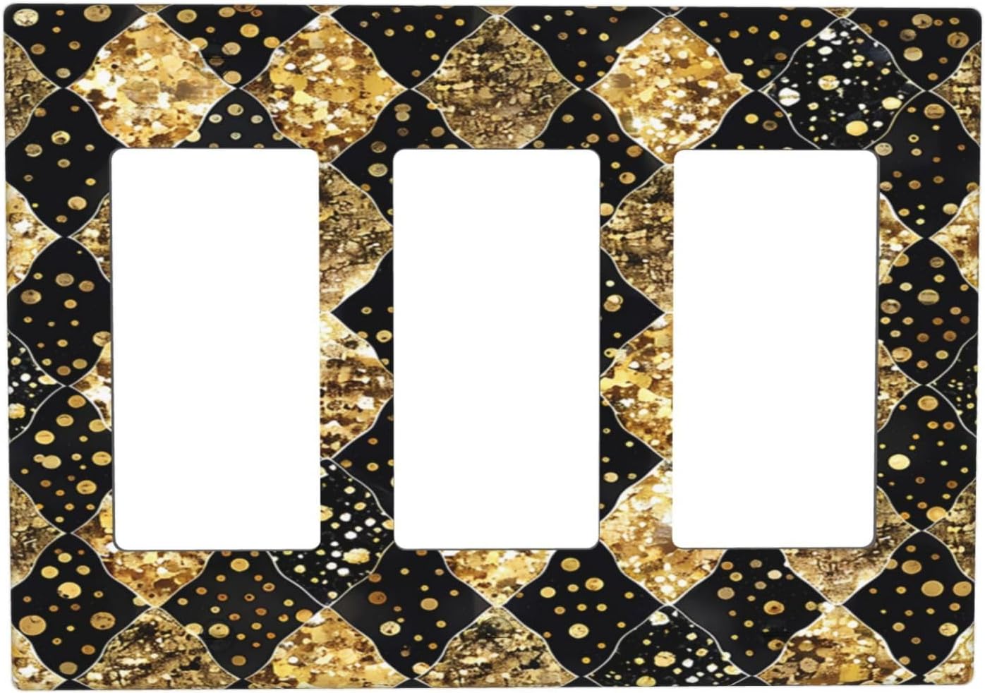 Gold Black Marble Geometric Plaid Glitter Light Switch Covers 3 Gang Rocker Decorative Triple Outlet Wall Plate Cover Electrical GFCI Switchplate for Bedroom Bathroom Decor