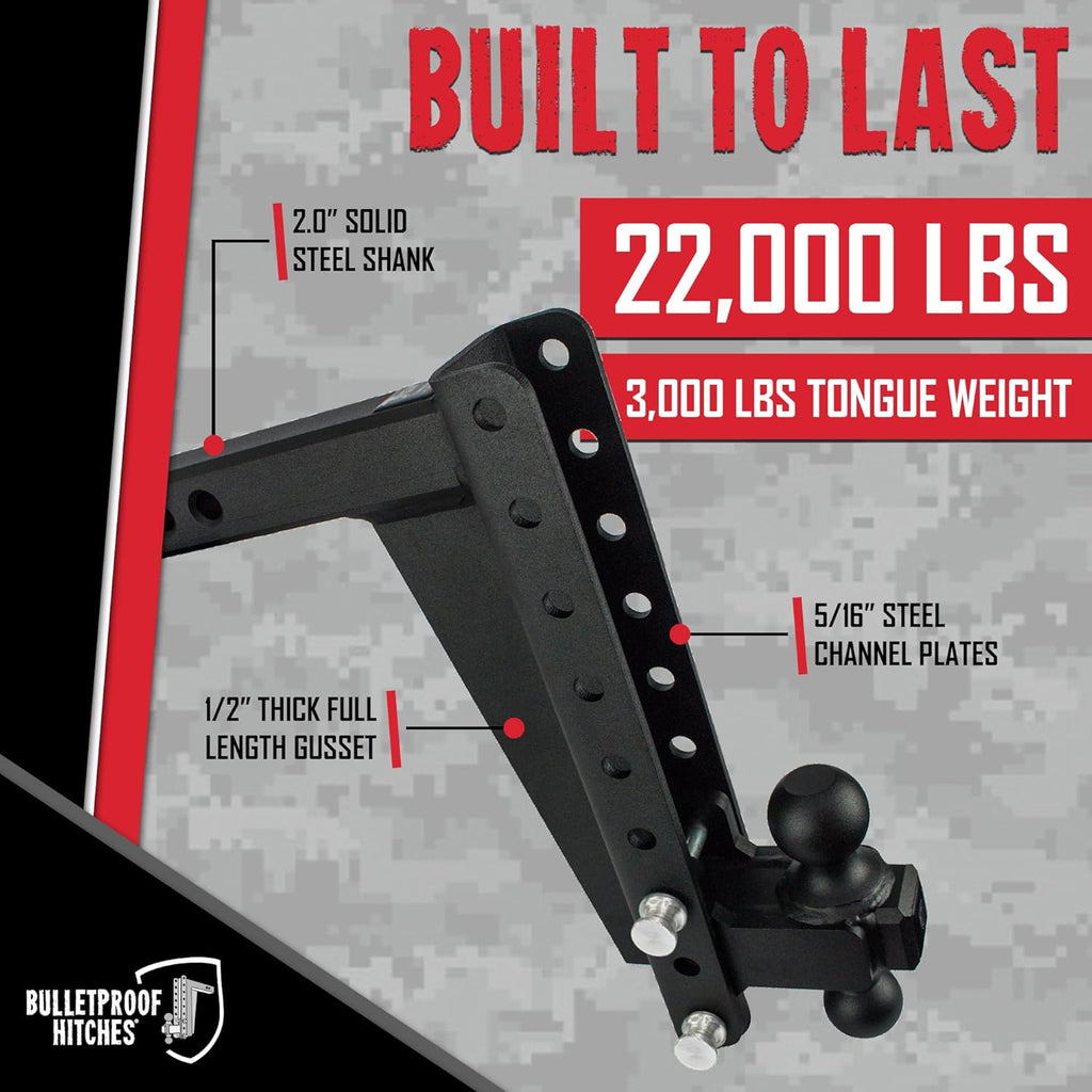 BulletProof Hitches - 2.0" Adjustable Heavy Duty Trailer Hitch (22,000 lb. Rating) - 12" Drop/Rise Trailer Hitch with 2" & 2-5/16" Dual Ball - Powder Coat, Solid Steel, Corrosion-Resistant