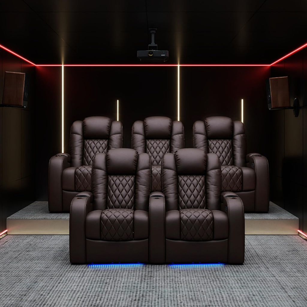 Weilianda Home Theater Seating Top Grain Leather Zero Gravity Recliner Chair Power Headrest Recline Movie Seat Gaming 7 Colors Mood Light Sofa with Tray Table USB Charge Row of 3 Loveseat Left Brown