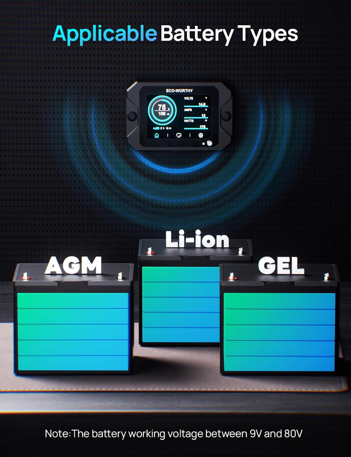 ECO-WORTHY Battery Monitor with Hall Sensor, 300A Touchable Backlight Display with Programmable Alarm for 9-80V LiFePO4/AGM/Gel Battery RV Golf Cart Off-Grid Houses