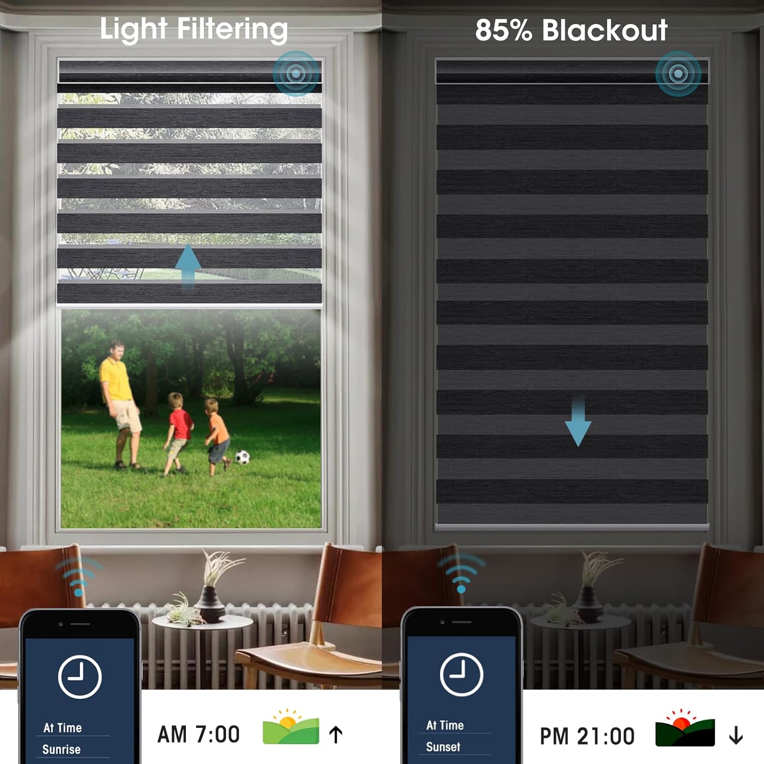 SmartWings Motorized Zebra Shades - Compatible with HomeKit, Alexa, SmartThings, Google - Remote Control Light Filtering Roller Shades, 85% Blackout, Smart Home/Office, Graphite, Customized