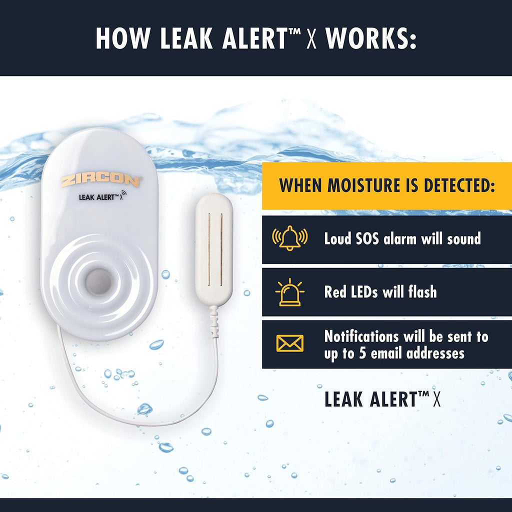 Zircon Leak Alert X – Smart Electronic Water Detector with 9.8 ft Cable – Email, Audio, & Visual Alerts, Battery Included,White