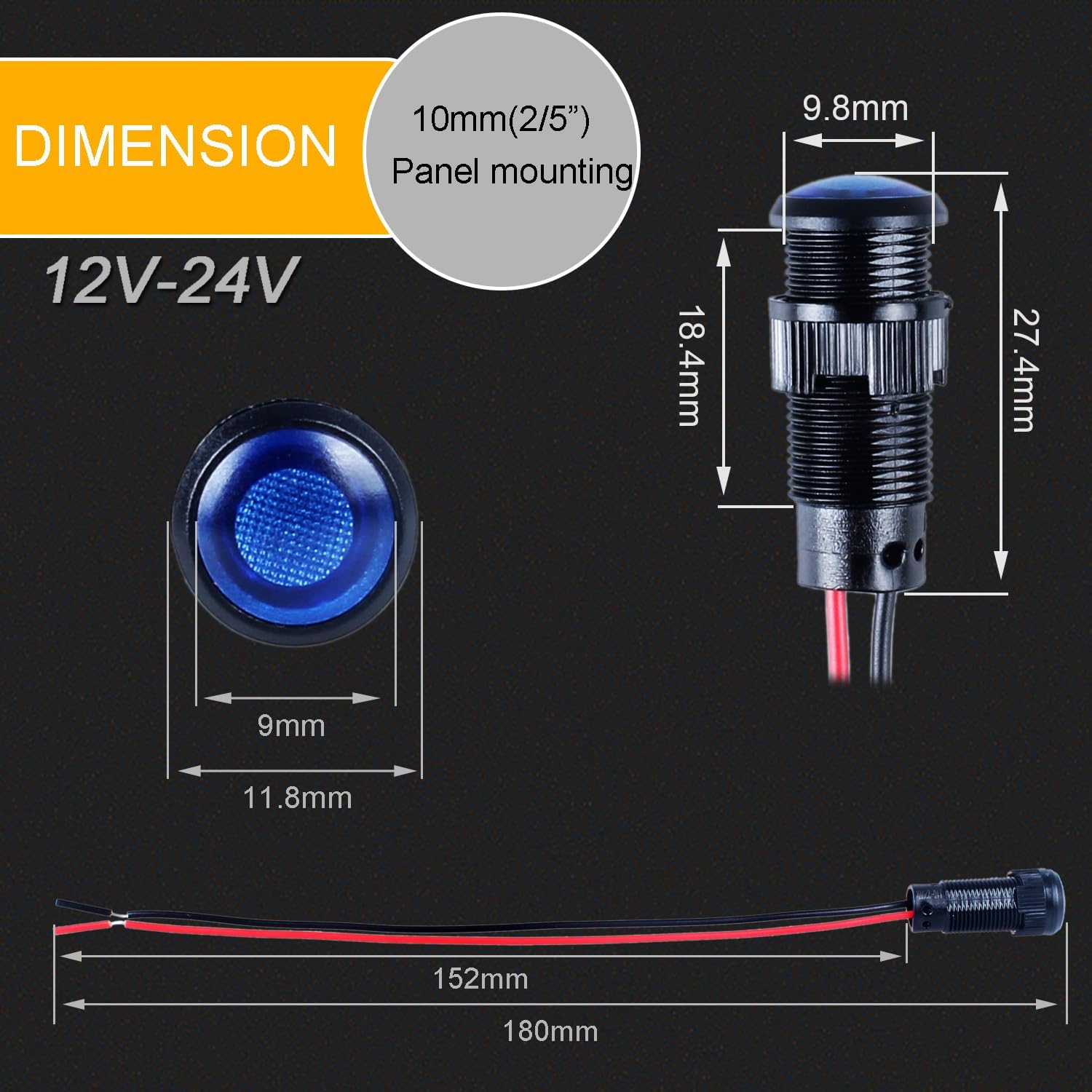 5pcs 10mm LED Indicator Light Plastic Black Signal Dot Lamp 12V-24V 2/5" Mounting Hole Size with 15cm/5.9in. Wire (Blue LED)