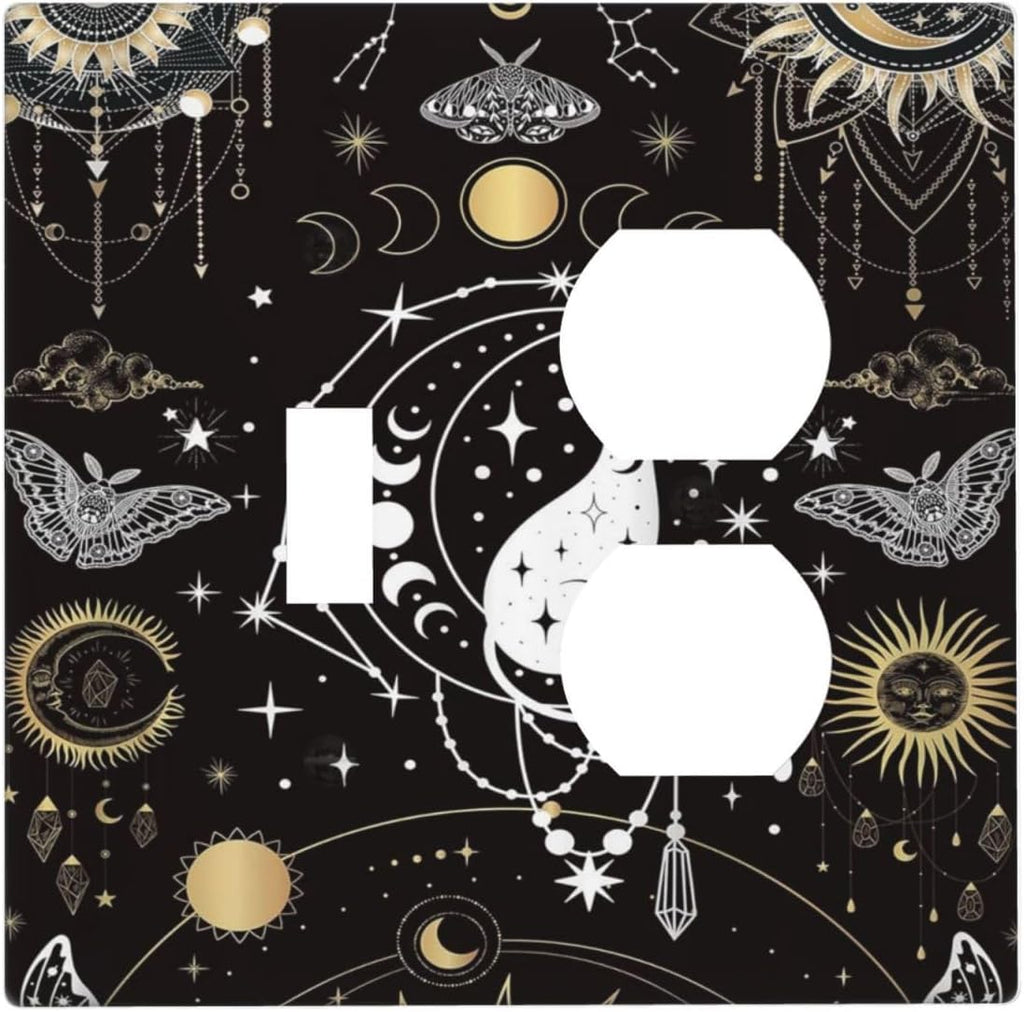 White Cat Tarot Moon Phases Moth Celestial Gothic Wallplates 1 Toggle 1 Duplex Switch Plate Electrical GFCI Faceplate Decorative Light Switch Covers for Kids Room Bedroom Decor