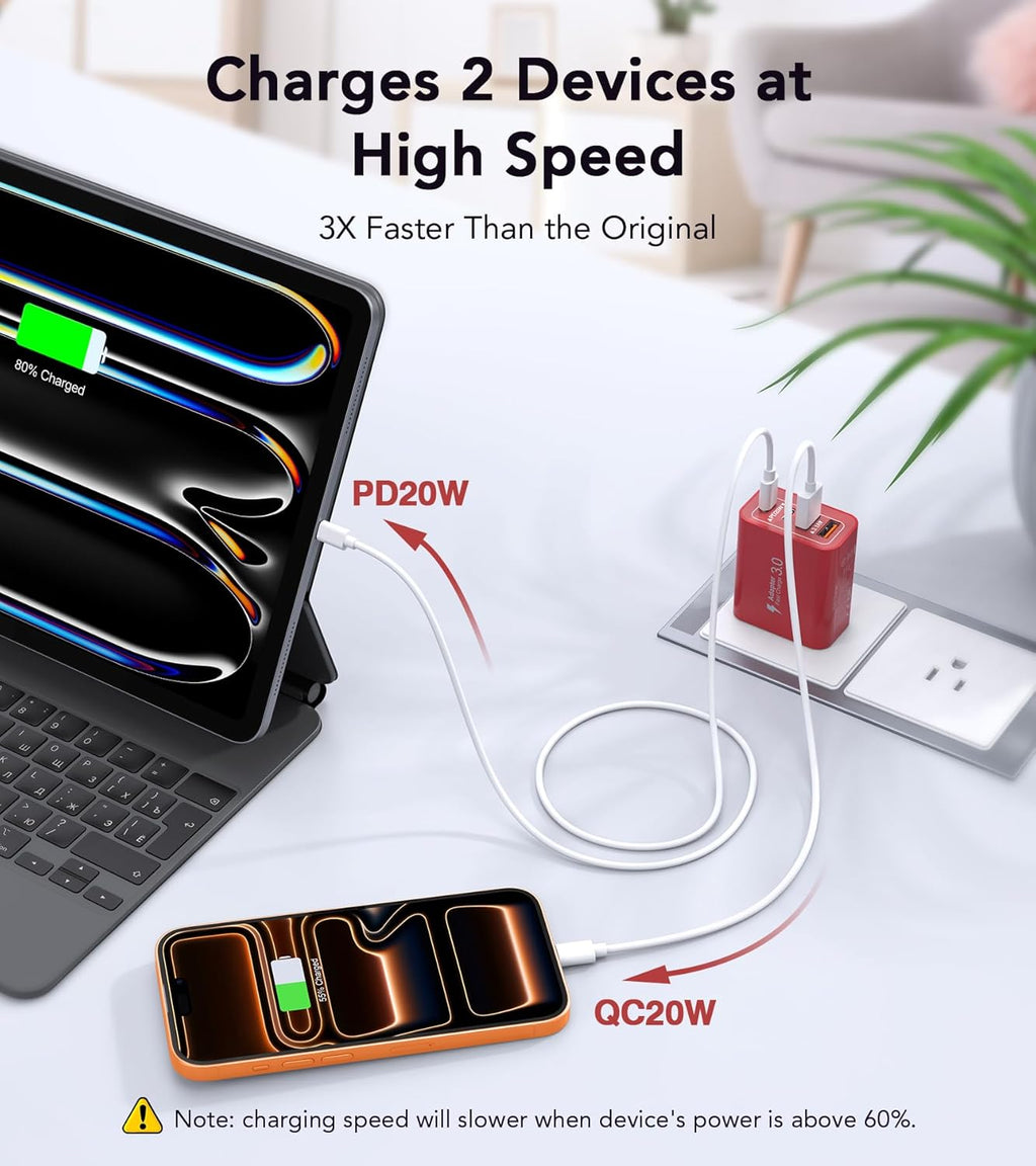40W USB C Wall Charger, 2-Pack Super Fast Charging Block PD+QC 4 Port Charger Cube for iPhone 17/16,iPad Pro/Mini/Air, iPod Nano, iPod Touch, Switch, Smart Phone, Smartwatches and Tablet(Red)