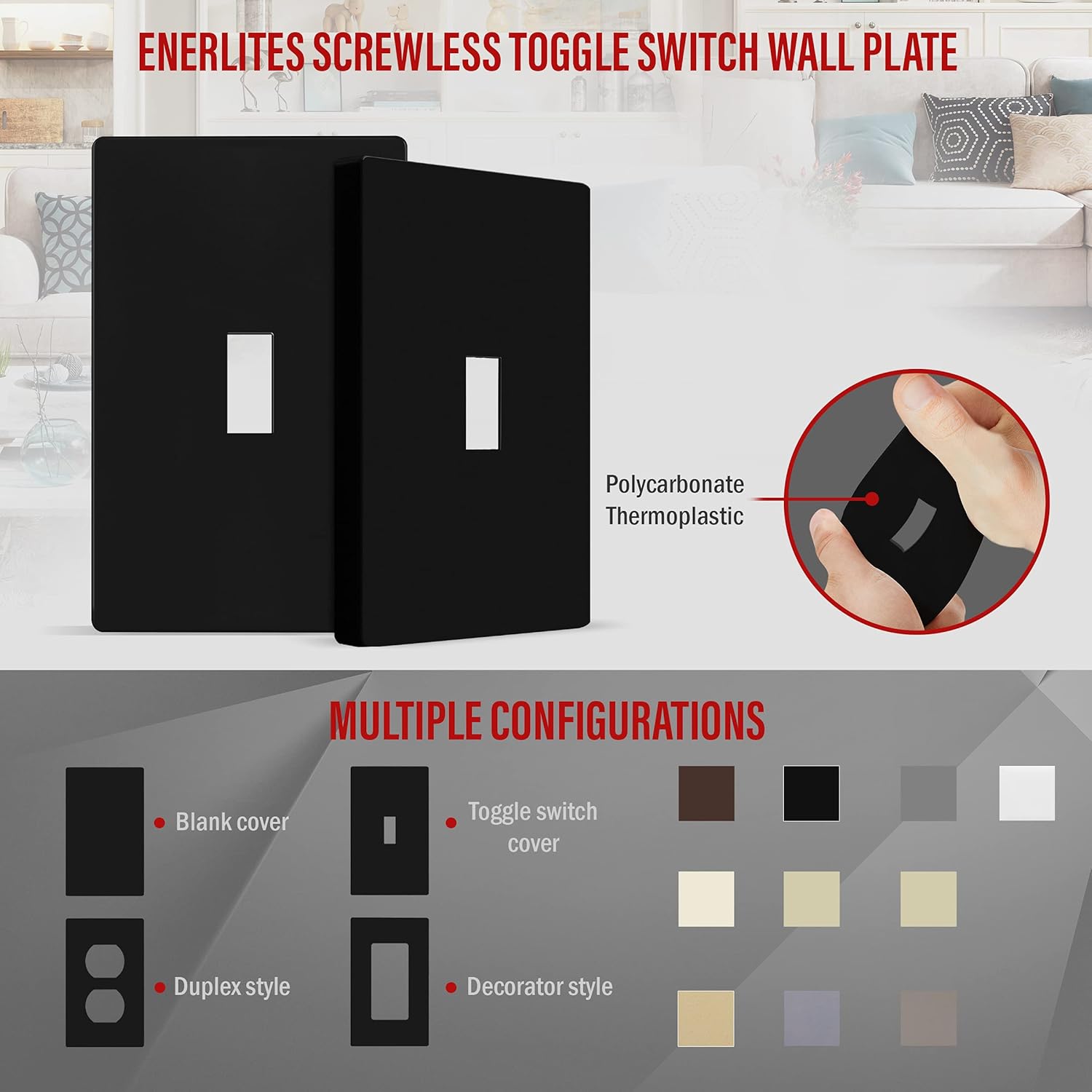 ENERLITES Screwless Toggle Switch Wall Plate, Child Safe Light Switch Cover, Standard Size 1-Gang 4.68" x 2.93", Unbreakable Polycarbonate Thermoplastic, UL Listed, SI8811-BK, Glossy, Black