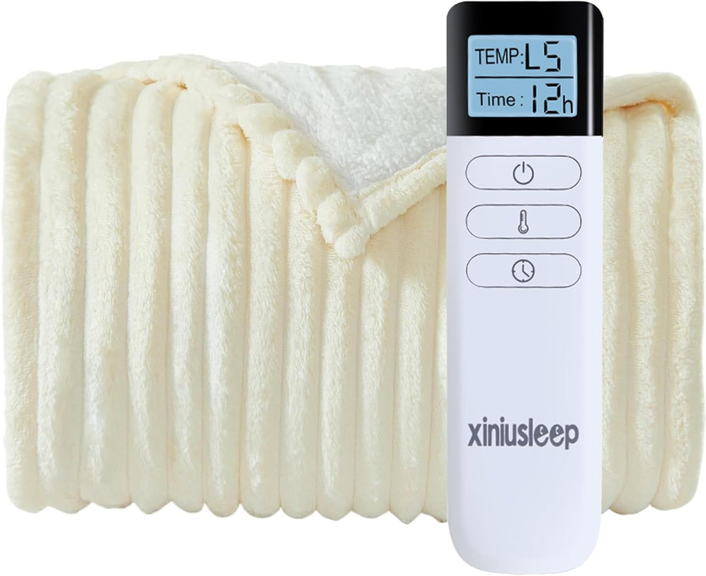 Heated Blanket Electric Blanket 50"x60", Soft Flannel Sherpa Electric Throw with 5 Heating Level & 12 Times Setting, Heated Throw with Overheating Protection, Machine Washable (Beige)