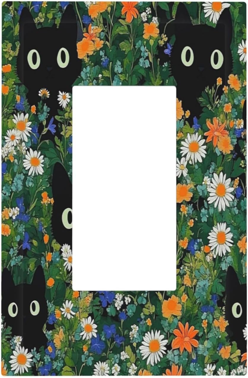 Boho Funny Black Cute Cats Daisy Wildflower Decorative Outlet Covers 1 Gang Single Rocker Light Switch Cover Plate Wall Plates Gfci Faceplate For Kids Room Bed Room Decor