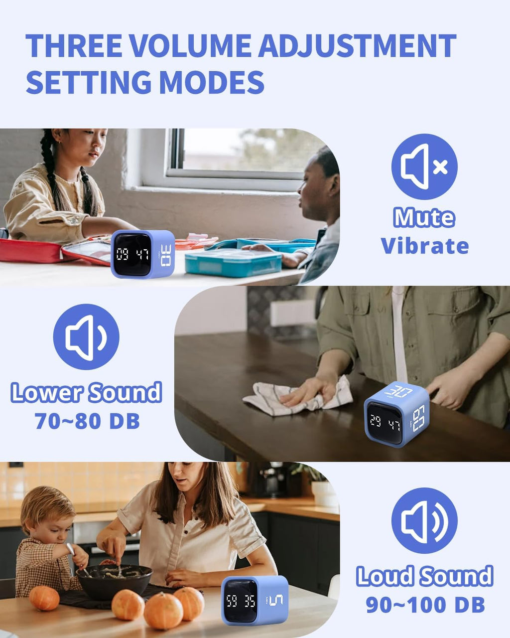 Productivity Timer Flip Gravity Sensor Cube Timer Countdown & Countup,Mute & Vibrate & Sound，5/10/30/60min & Custom Timing, Perfect for ADHD,Work,Learning,Kitchen Cooking (1Blue)